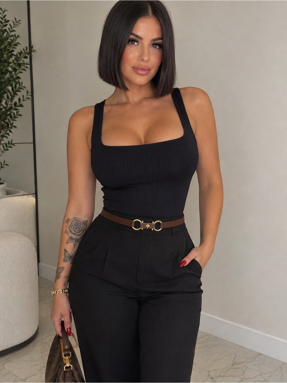 Adjustable Women’s Brown Leatherette Belt with Gold Ring Detail